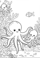 Obraz premium Cute Cartoon Octopuses in an Underwater Scene