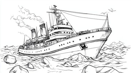 Obraz premium Vintage Ocean Liner Sketch in Rough Seas with Rocky Coastline