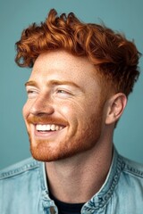 Design idea of style for aging men. Fashionable men's slick back with fade haircut - midlife white man with red hair. Blue solid background. A man with timeless beauty and confidence.