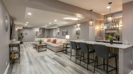Modern basement recreation room with bar and living area.