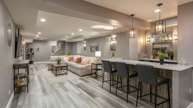 Modern basement recreation room with bar and living area.