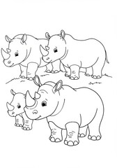 Fototapeta premium Line Art Drawing Of Rhino Family Group