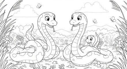 Line Art Drawing of Two Cute Snakes Together