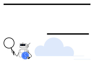 Robot with magnifying glass investigates coin with dollar sign near cloud, symbolizing data analysis and cloud computing. Ideal for AI, finance, technology, research, data security, innovation, flat