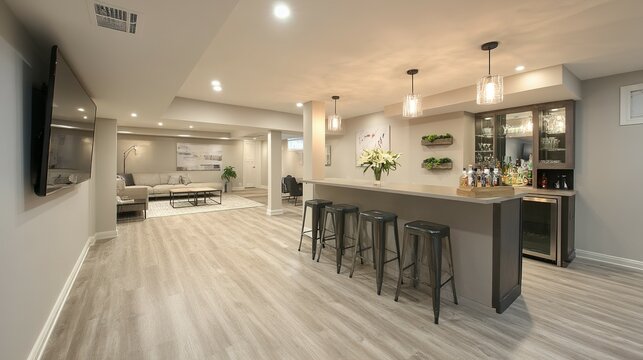 Finished basement entertainment and bar area.