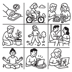 Illustration depicting various activities promoting well being including using smartphone cycling playing games gardening walking reading meditating and working laptop. Each scene emphasizes