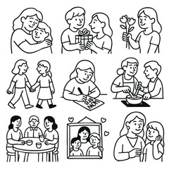 Caring moments are captured in this illustration, showcasing love and connection through various activities like gifting, sharing flowers, and enjoying family time