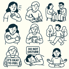 Emotional wellness illustrations depict various self care activities, including breathing exercises, journaling, and mindfulness practices. These images promote mental health awareness and self