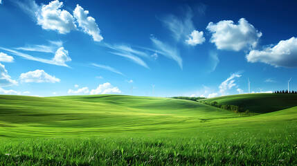 Fototapeta premium Vast green meadow under a bright blue sky with clouds, symbolizing nature and clean environment.