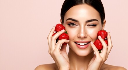 A young woman with glowing skin holding fresh strawberries near her face