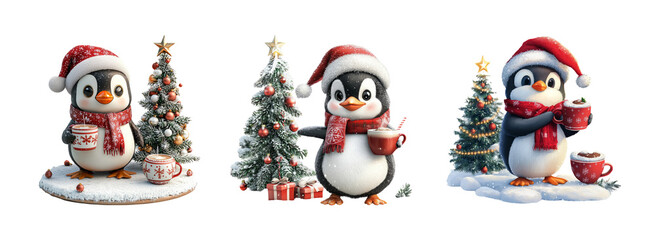 Cute Penguins Celebrating Christmas with Trees, Gifts, and Hot Drinks