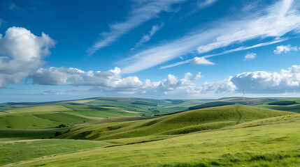 Fototapeta premium Vast green meadow under a bright blue sky with clouds, symbolizing nature and clean environment.