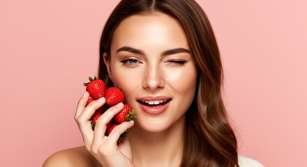 A young woman with glowing skin holding fresh strawberries near her face