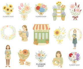 フラワーショップの水彩素材花屋