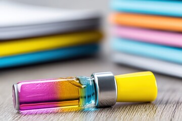 Fototapeta premium Horizontal close up of vibrant pink and golden liquid in glass vial on wood with blurred background