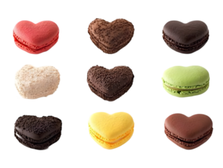 Nine Heart Shaped Macarons in Assorted Colors Isolated Transparent Background