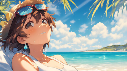 夏 なつ 海 うみ 空 そら 水着 ビキニ ストローハット 麦わら帽子 女の子 若い女性 笑顔 アニメスタイル 日本風 美少女 かわいい ポスター バナー 壁紙 イラスト夏 なつ 海 うみ 空 そら 水着 ビキニ ストローハット 麦わら帽子 女の子 若い女性 笑顔 アニメスタイル 日本風 美少女 かわいい ポスター バナー 壁紙 イラスト