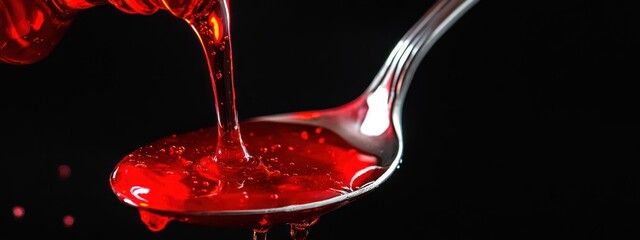 Red liquid pouring into a spoon.