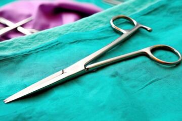 Surgical scissors resting on vibrant green operating cloth in sterile environment for crucial procedure