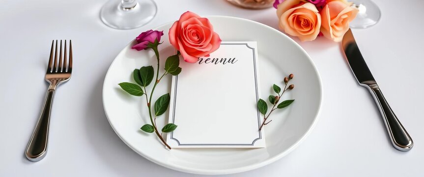 Elegant blank wedding menu card mockup on pristine white plate; ample copy space, menu, reception