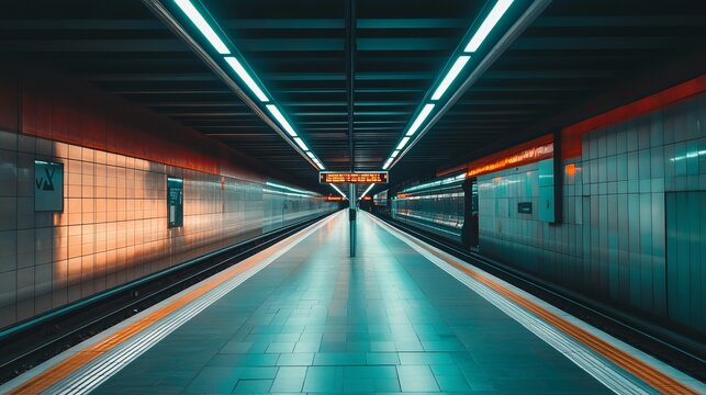 Panoramic view of modern urban metro or train station with empty platform and contemporary architecture