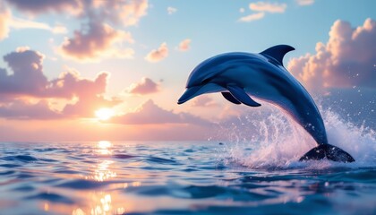 Fototapeta premium Dolphin's Sunset Leap: A Serene Ocean Scene