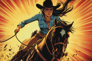A young Latina cowgirl rides her horse at full speed, a dynamic image full of energy and movement. Warm tones and sunburst effects create a powerful visual.