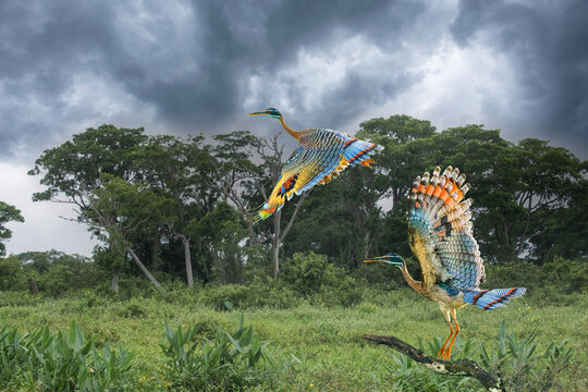 Brazil, Pantanal. Sunbittern birds take flight.