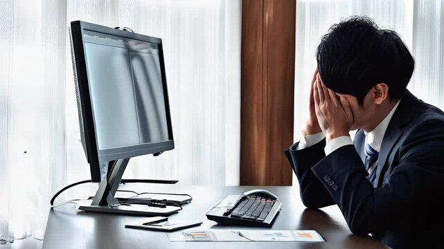 PCの前で頭を抱えるスーツの男性