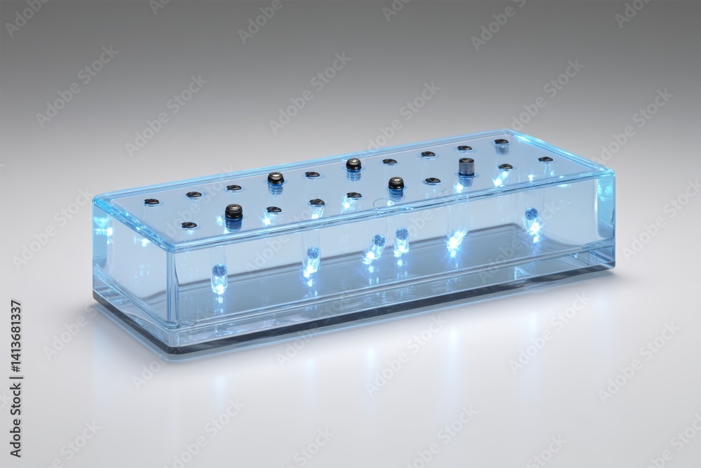 Poster elegant close up of rectangular aqua box with small metallic pegs on gray gradient background