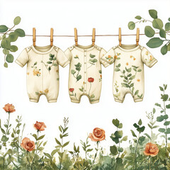 Minimalistic simple watercolor flat illustration of cute baby boho pattern