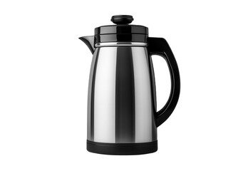 Fototapeta premium Sleek stainless steel thermal carafe, black handle and lid, efficient heat retention, modern kitchen essential Isolated on white background or PNG