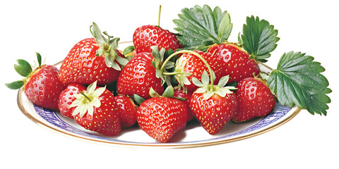Photo of Ripe Strawberries in Vibrant Red on Plate with Green Leaves