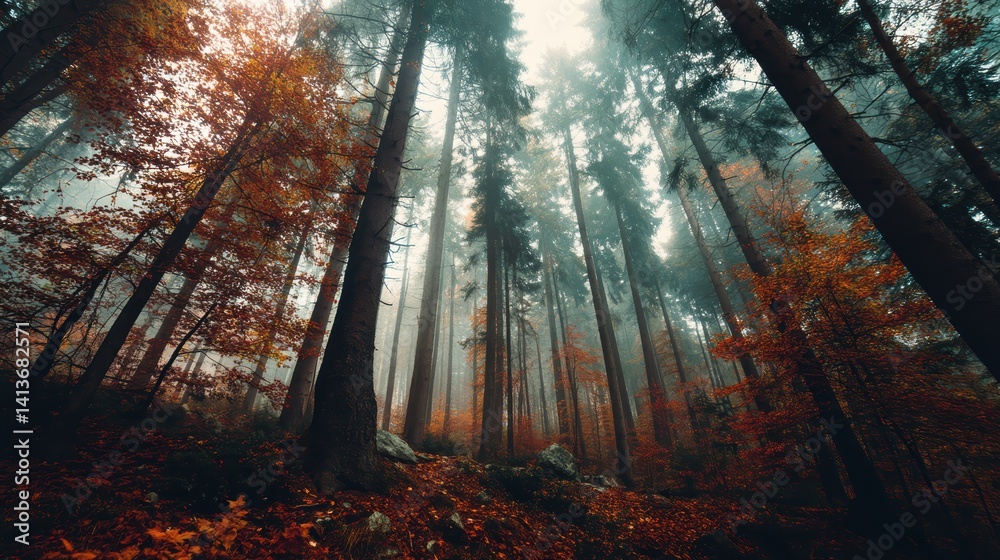Poster enchanting forest vista with majestic trees and autumn foliage bathed in ethereal misty light creati