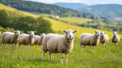 Obraz premium A flock of sheep grazing on a scenic hillside farm, 