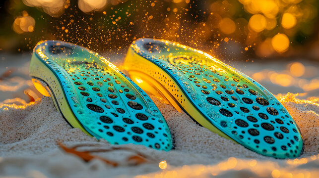 Vibrant teal and yellow insoles nestled in sun-drenched sand, capturing the essence of summer relaxation and beachside adventures.