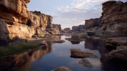 Serene canyon river landscape with golden light reflecting on water and majestic cliffs at peaceful daytime