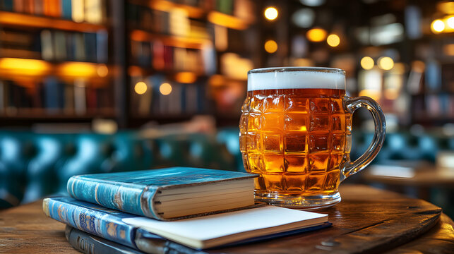 Relaxing evening at a cozy pub, a glass of beer rests on a table beside some books and a notebook, suggesting a peaceful and literary atmosphere.