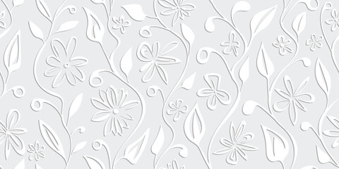 Hand drawn plant elements, light gray background, flowers and leaves, seamless pattern, vector design