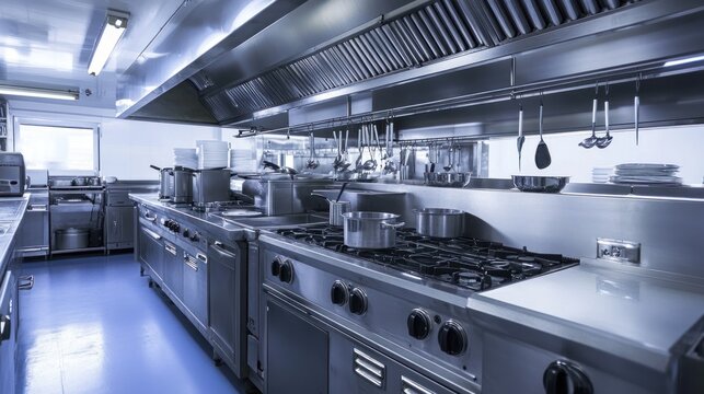 a commercial kitchen featuring stainless steel appliances professional equipment and a functional layout designed for efficient food preparation