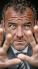 focused man displays control and power through his disciplined gesture, emphasizing determination and strength