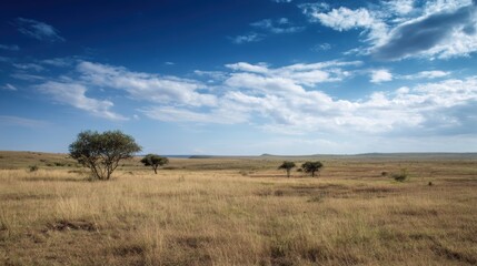 Sweeping Vista of Serene Savanna Landscape under Expansive Sky with Drifting Clouds in Open Grassland