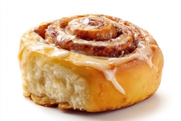 Delicious swirl cinnamon roll on a white backdrop captures its golden color texture and sugary glaze