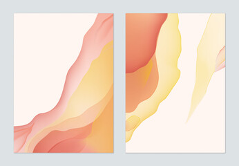 Minimalist abstract background, flowing forms with a translucent watercolor effect in shades of red and yellow on a light pink background