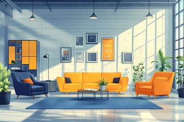 Naklejka premium Modern Interior Design: Cozy Living Room with Bright Colors & Sunlit Space Featuring Contemporary Furniture