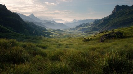 Obraz premium Scenic Valley View Serene Grasslands and Majestic Mountains with Overcast Sky Nature Stock Photo