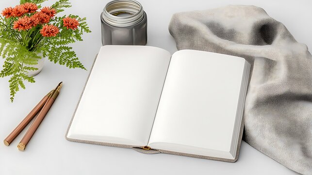 Open journal with pens, flower vase, and gray scarf on a white surface. Mockup composition