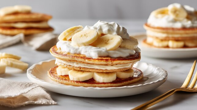 Delicious pancakes with banana slices and creamy yogurt topping a tempting breakfast treat