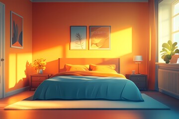 Modern Cozy Bedroom Interior with Orange Decor and Tropical Nature-Inspired Design