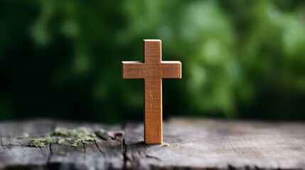 Wooden Cross on Rustic Wood Nature Background Faith Symbol Religious Icon